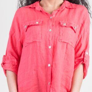 NWT Gigi Moda Navi Linen Button Down Shirt With Flap Pockets In Coral